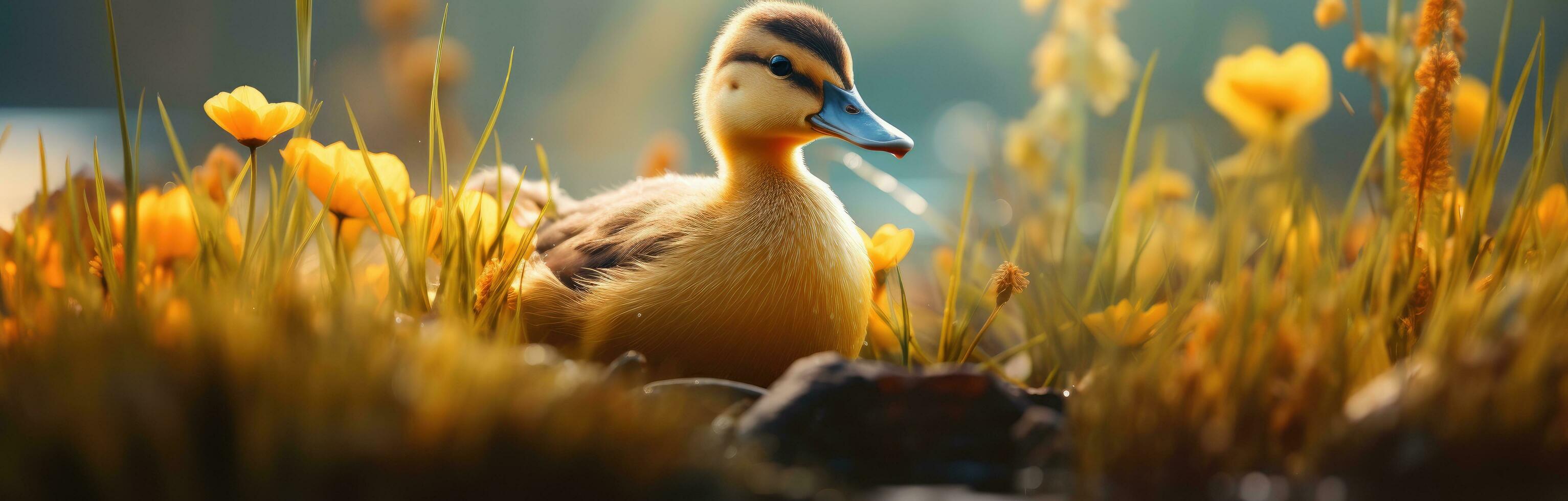 ai generato un' piccolo anatroccolo in piedi nel alto erba con molte di giallo fiori foto