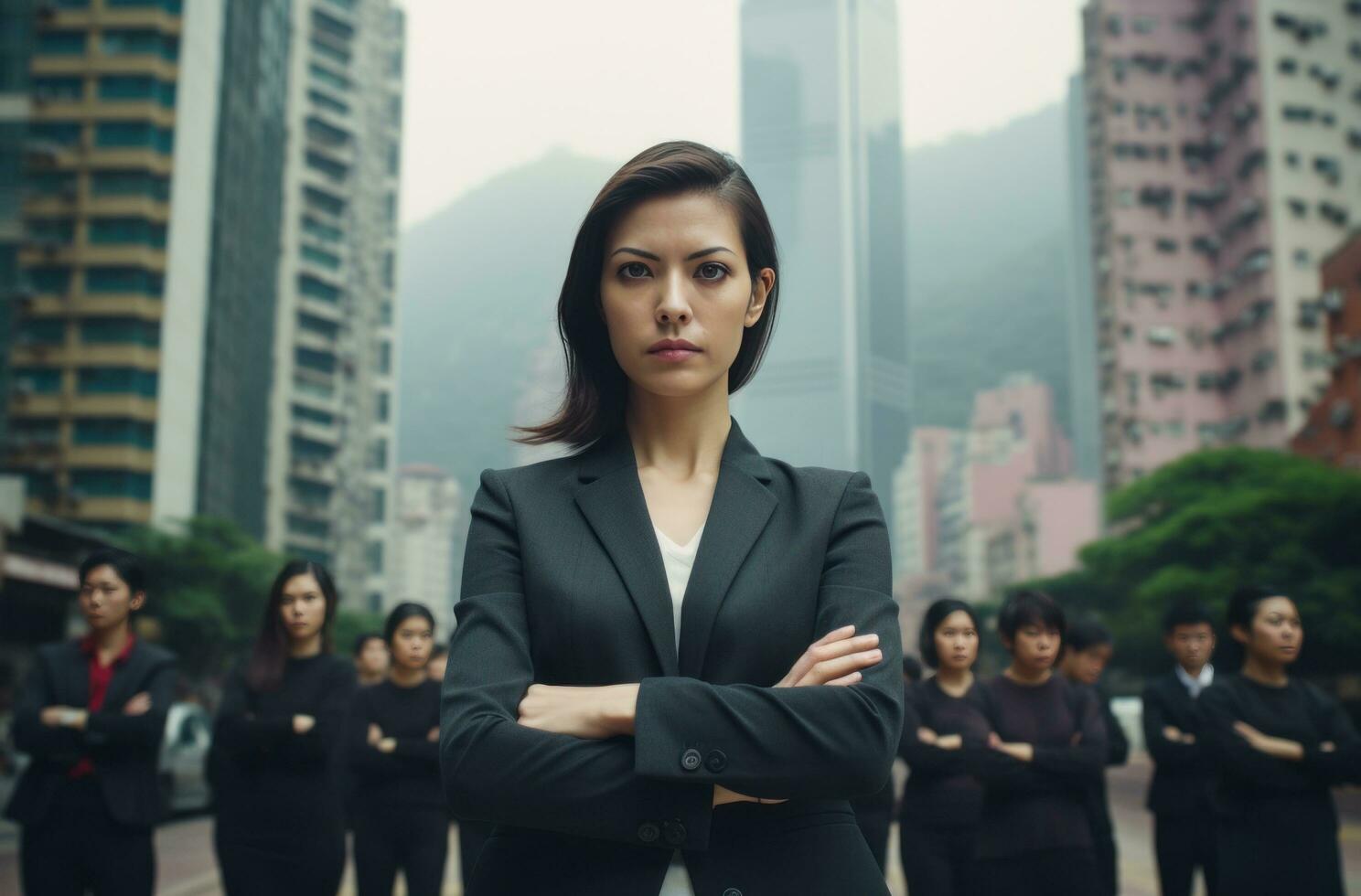 ai generato attività commerciale donna in piedi con braccia piegato nel HK foto