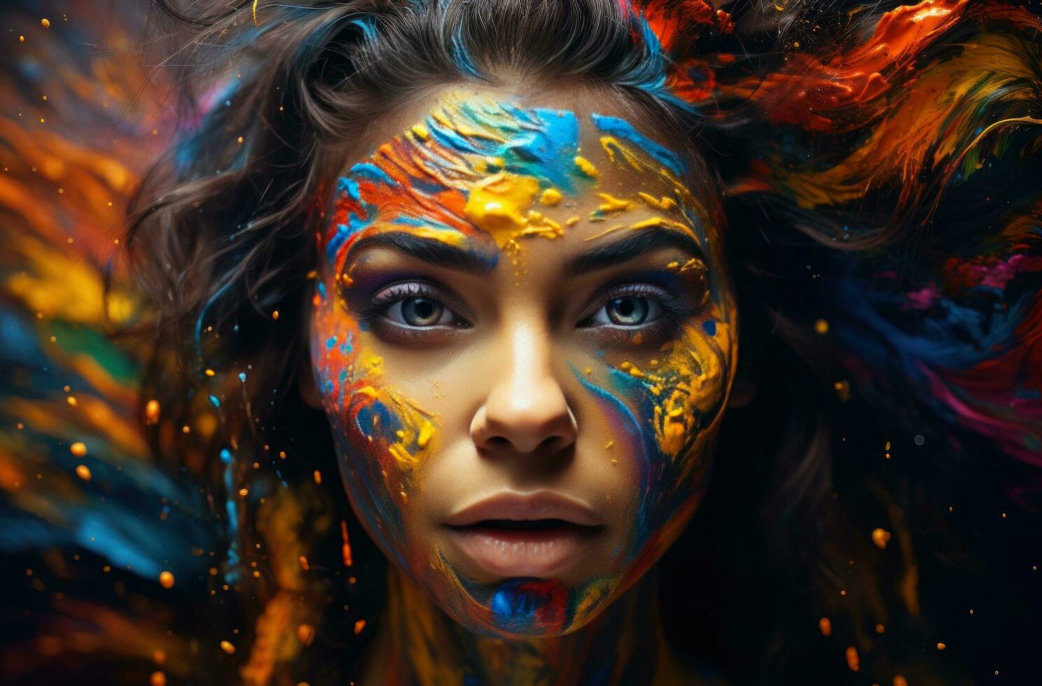 ai generato ragazza con holi trucco pittura sua viso a partire dal testa per dito del piede foto