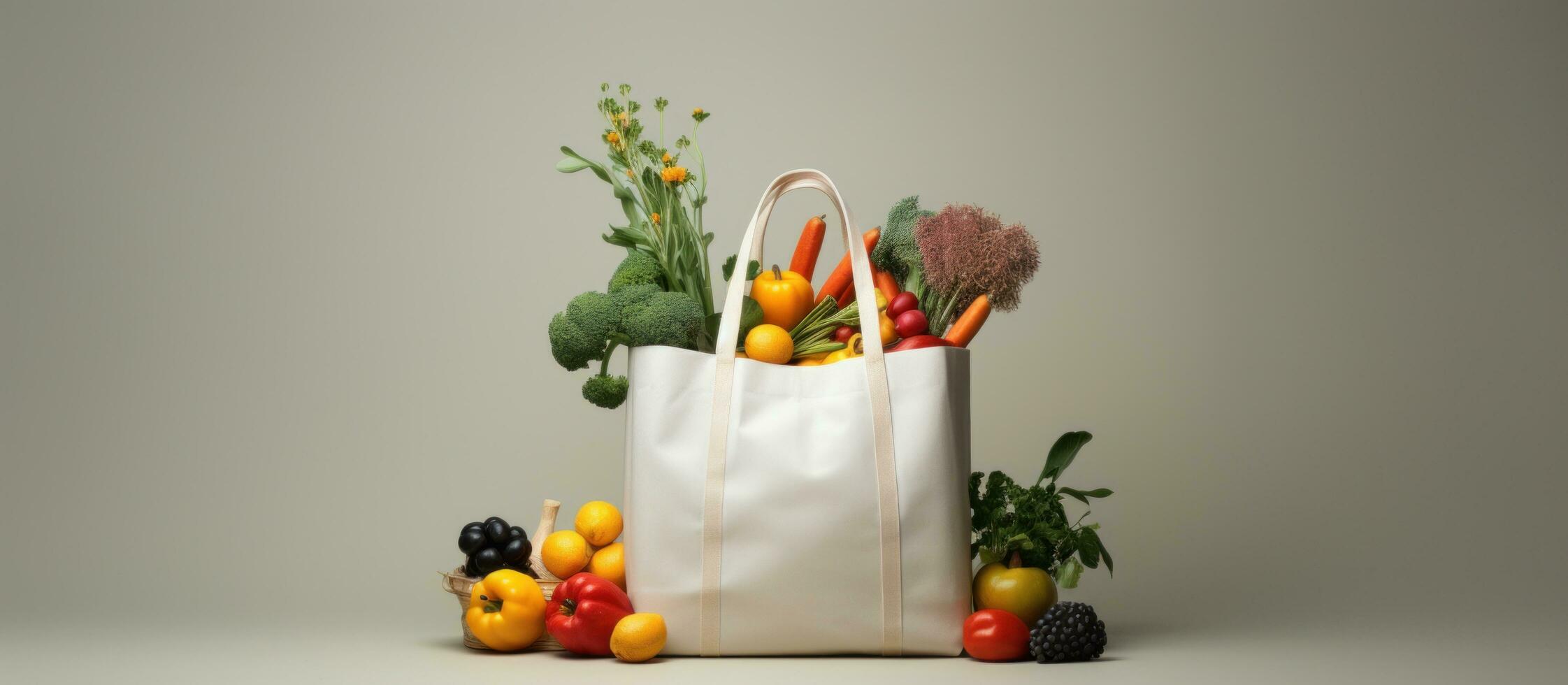 ai generato shopping Borsa nel il Aperto con frutta e la verdura, foto