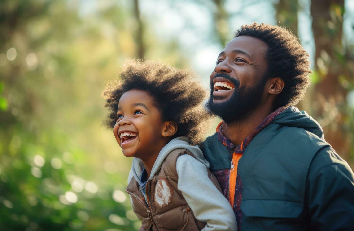 ai generato nero africano papà e figlia nel il natura contento famiglia foto