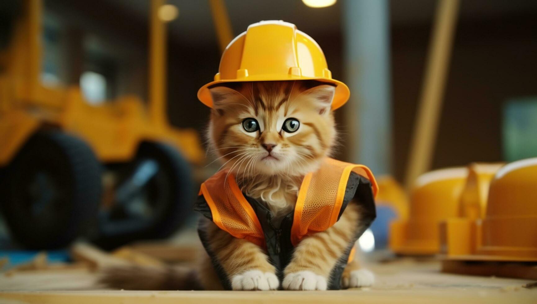 ai generato carino gattino nel costruzione sicurezza cappello foto