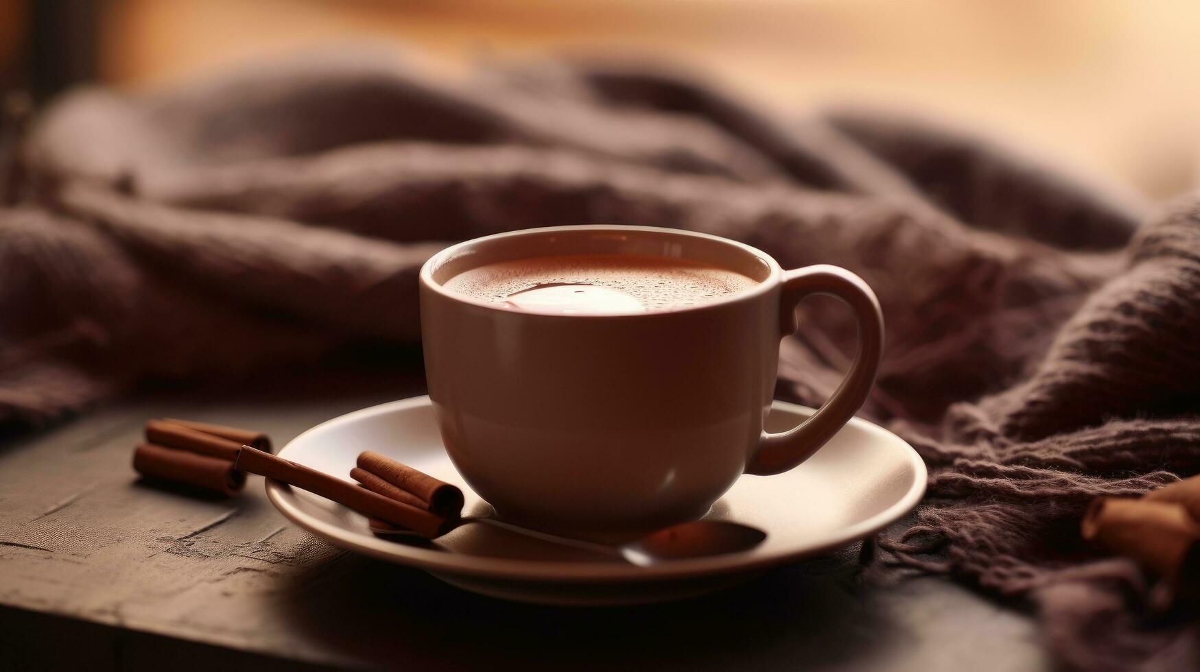 ai generato un' tazza di caldo cioccolato e un' cucchiaio seduta su superiore di esso foto