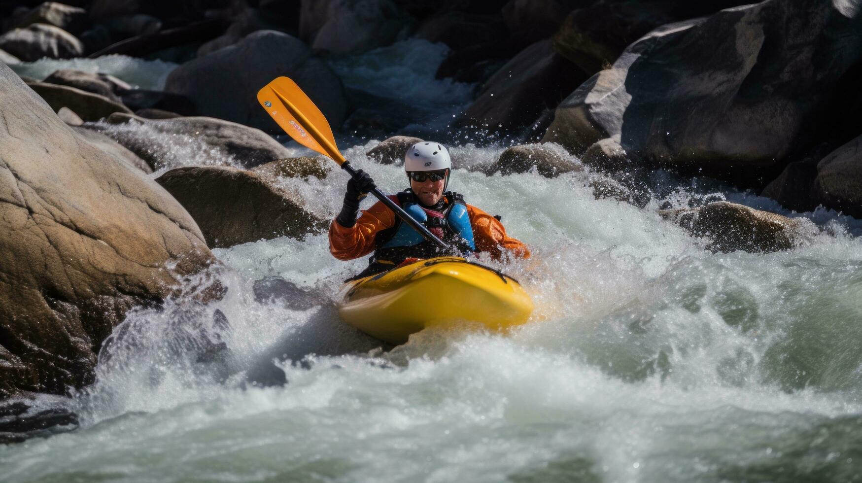 ai generato un' kayaker navigazione attraverso ruvido bianca acqua rapide foto