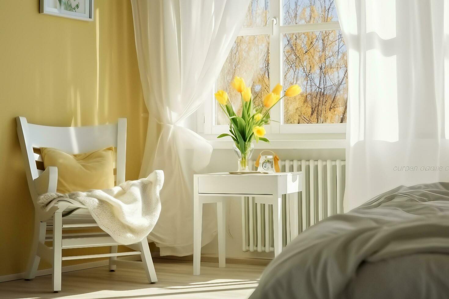 ai generato leggero primavera Camera da letto interno, letto, bianca sedia, bicchiere con giallo tulipano, finestra leggero tende, pastello colori. generativo ai. foto