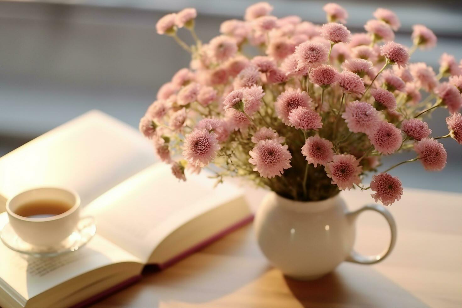 ai generato avvicinamento di piccolo rosa fiori mazzo nel bicchiere vaso con sfocato morbido focalizzata sfondo di rosa tazza di tè o caffè e ha aperto libro di il finestra. lento vivente concetto. generativo ai. foto