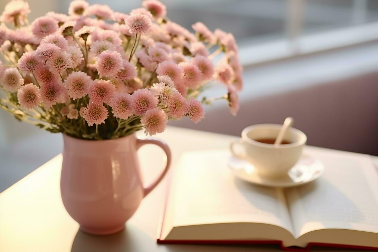 ai generato avvicinamento di piccolo rosa fiori mazzo nel bicchiere vaso con sfocato morbido focalizzata sfondo di rosa tazza di tè o caffè e ha aperto libro di il finestra. lento vivente concetto. generativo ai. foto