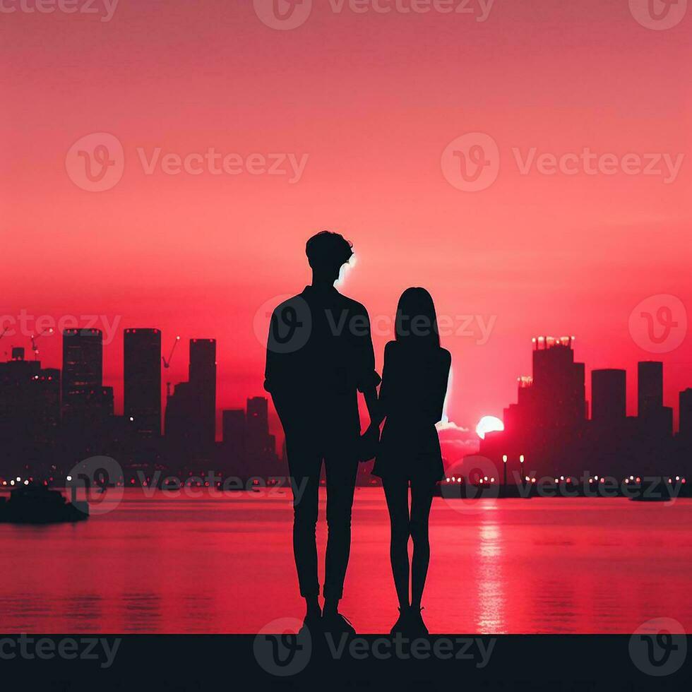 ai generato staglia amore coppia contro il città tramonto foto