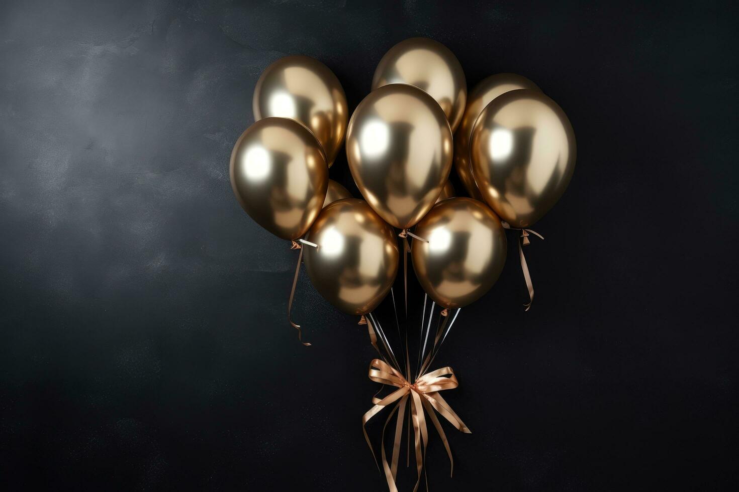 ai generato d'oro palloncini con nastro su nero sfondo, superiore Visualizza. spazio per testo, oro Palloncino mazzo su un' nero parete sfondo, ai generato foto