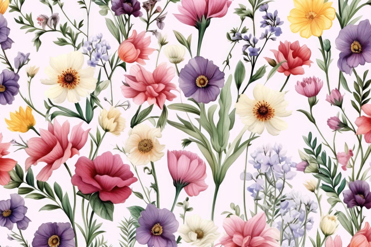 ai generato senza soluzione di continuità modello con colorato papaveri e fiori selvatici, floreale senza soluzione di continuità modello nel acquerello con colorato fiori selvatici e foglie, ai generato foto