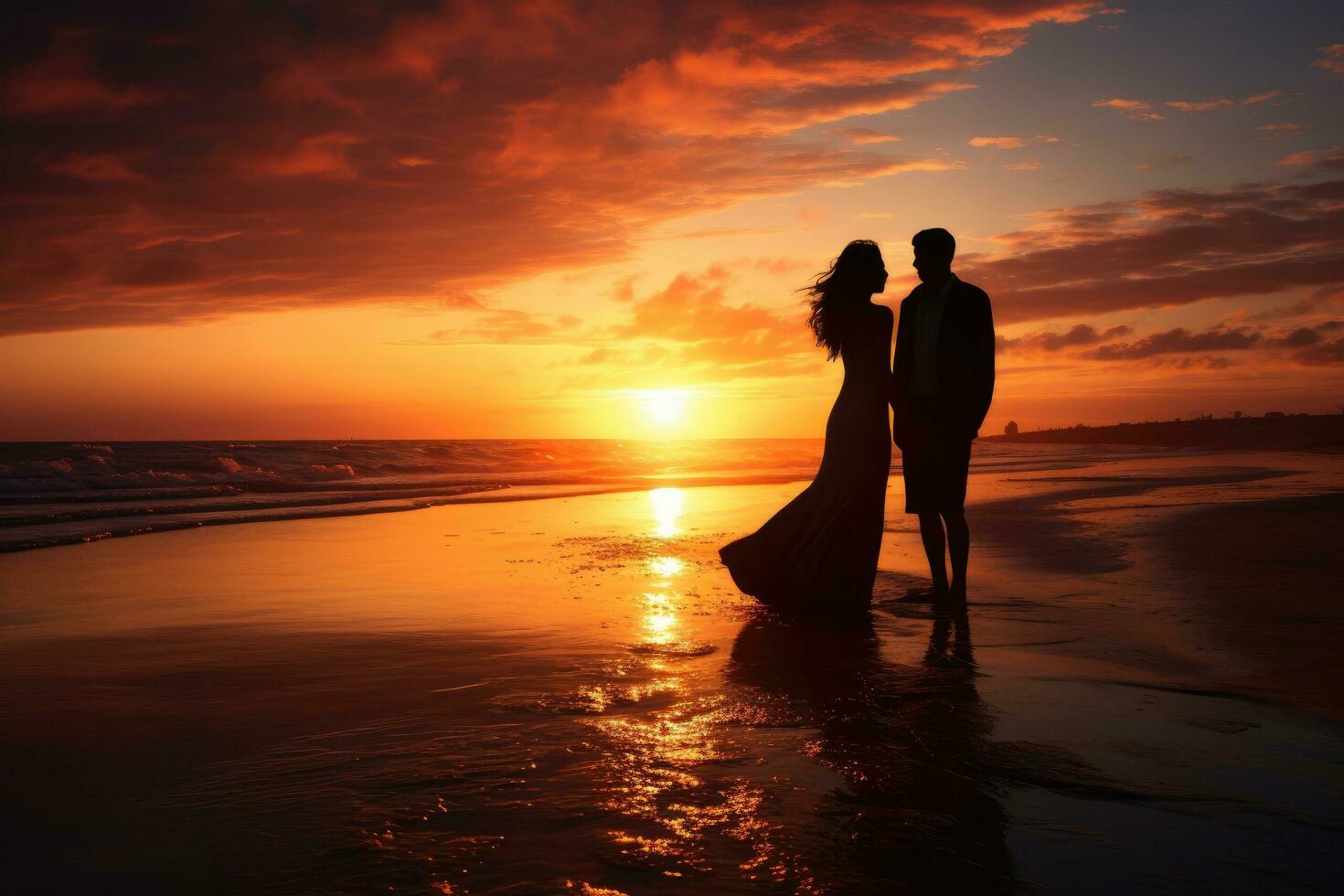 ai generato silhouette di romantico coppia a piedi su il spiaggia a tramonto, un' bellissimo coppia godendo un' panoramico tramonto su il spiaggia, ai generato foto