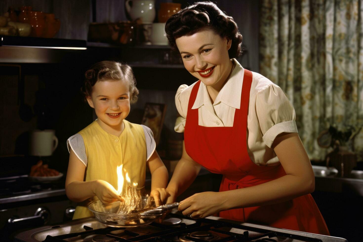 ai generato madre e figlia cucinando nel il cucina a casa. contento famiglia, 1950 madre e figlia preparazione cena, ai generato foto