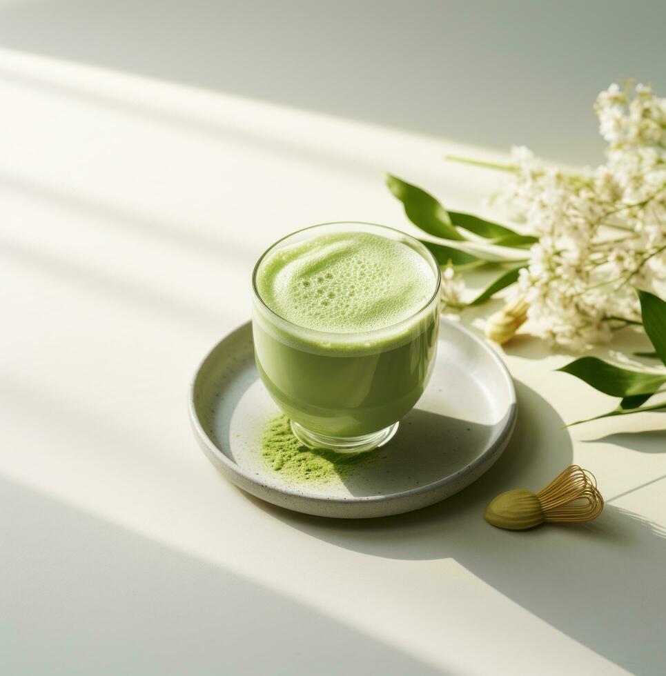 ai generato verde matcha frullato su il bianca foto