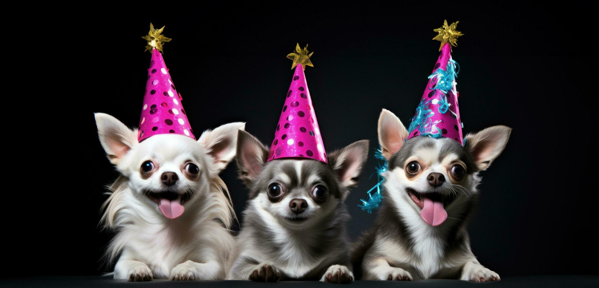 ai generato tre cani nel festa cappelli in piedi al di sopra di un' nero sfondo foto