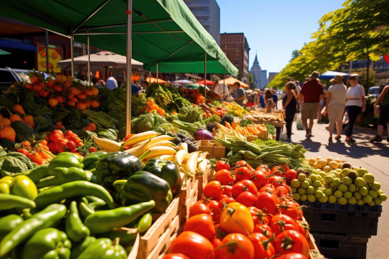 ai generato frutta e verdura stalla a un' agricoltori mercato nel francoforte, Germania, un' vivace agricoltori mercato con vibrante, fresco produrre e fatto a mano prodotti, ai generato foto