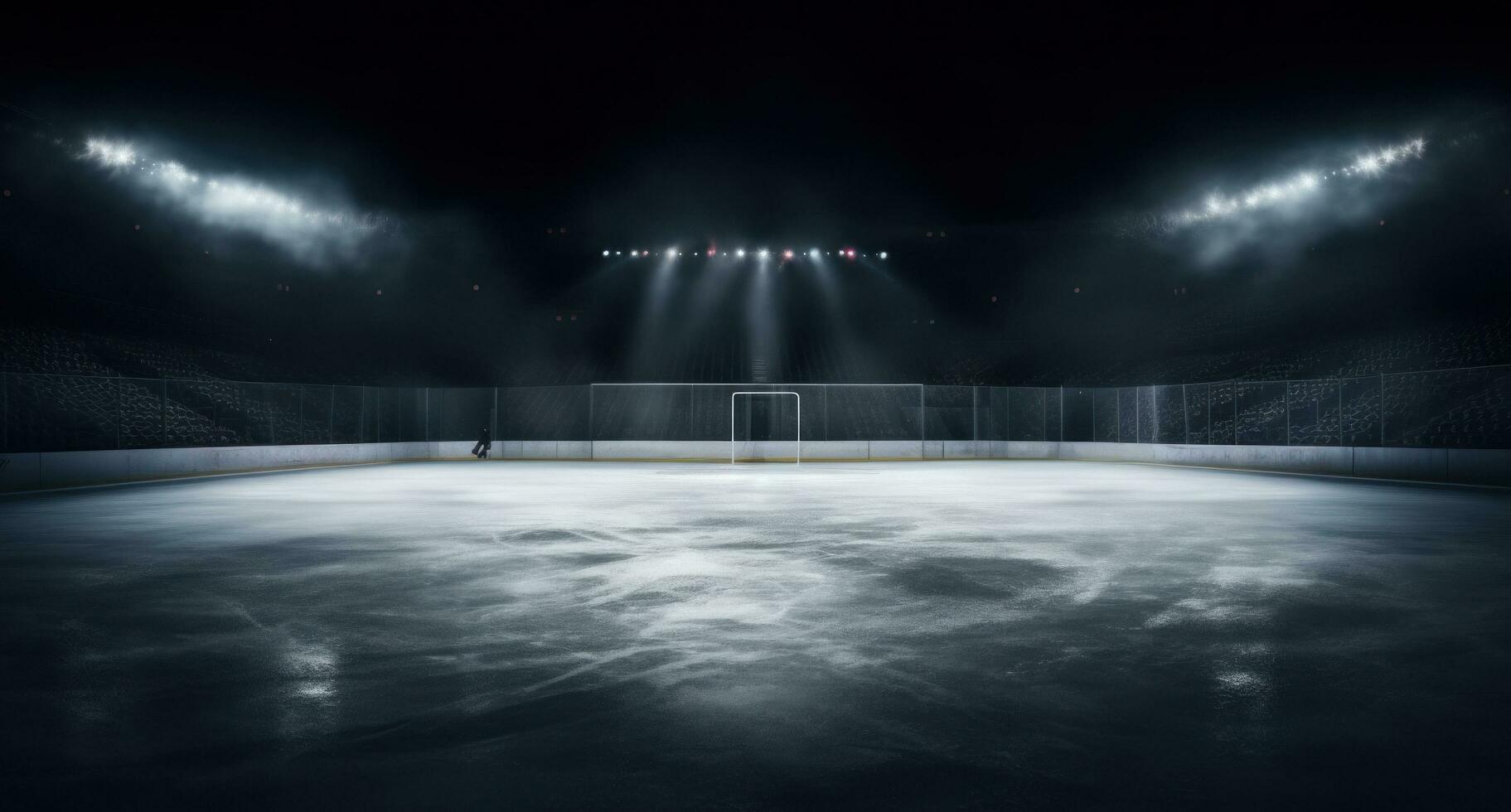 ai generato un' buio campo nel davanti di un arena con un' hockey netto in piedi nel il mezzo nel nero foto