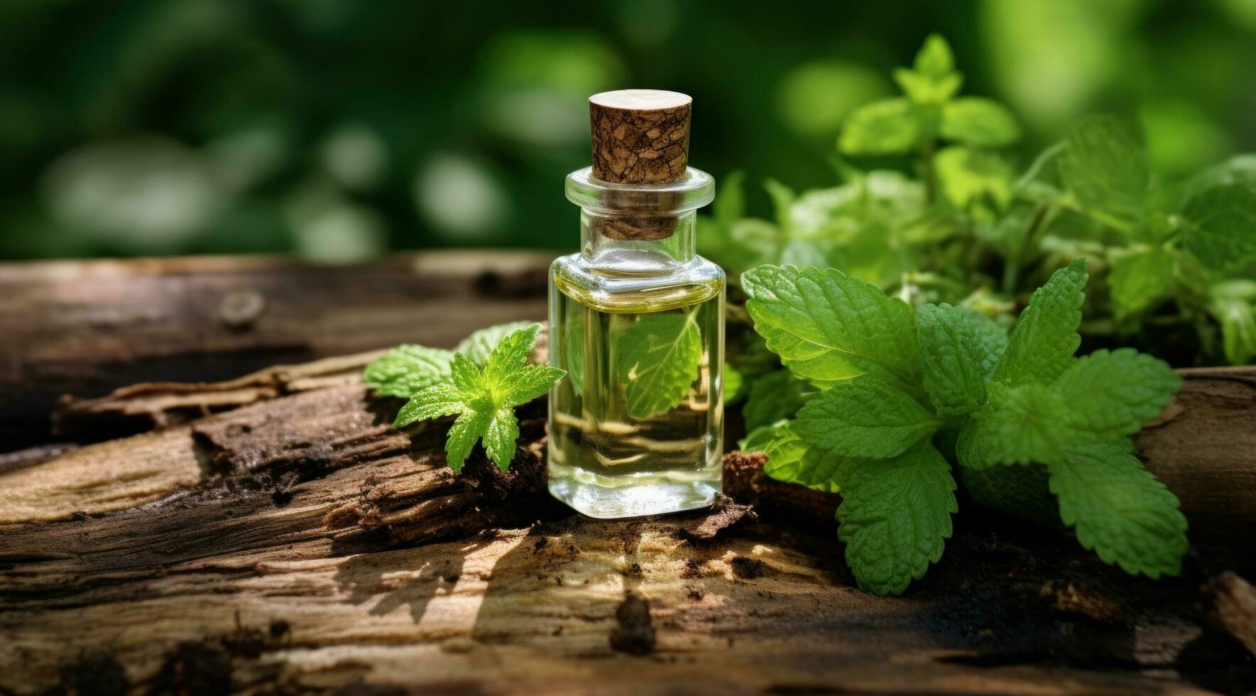 ai generato essenziale olio, menta essenziale olio, naturale, legna foto