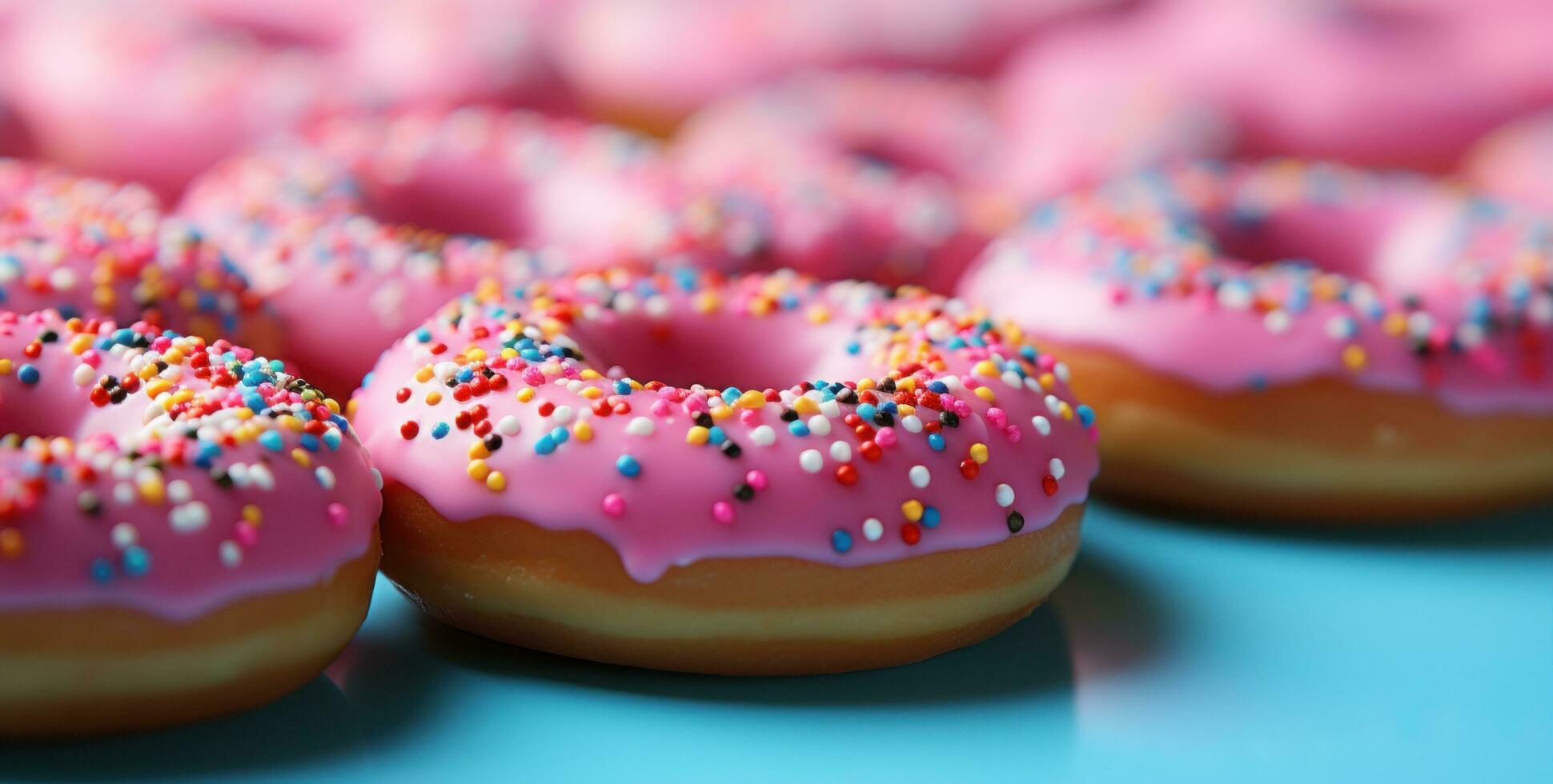 ai generato rosa colorato zucchero ciambelle, molti su un' rosa sfondo foto