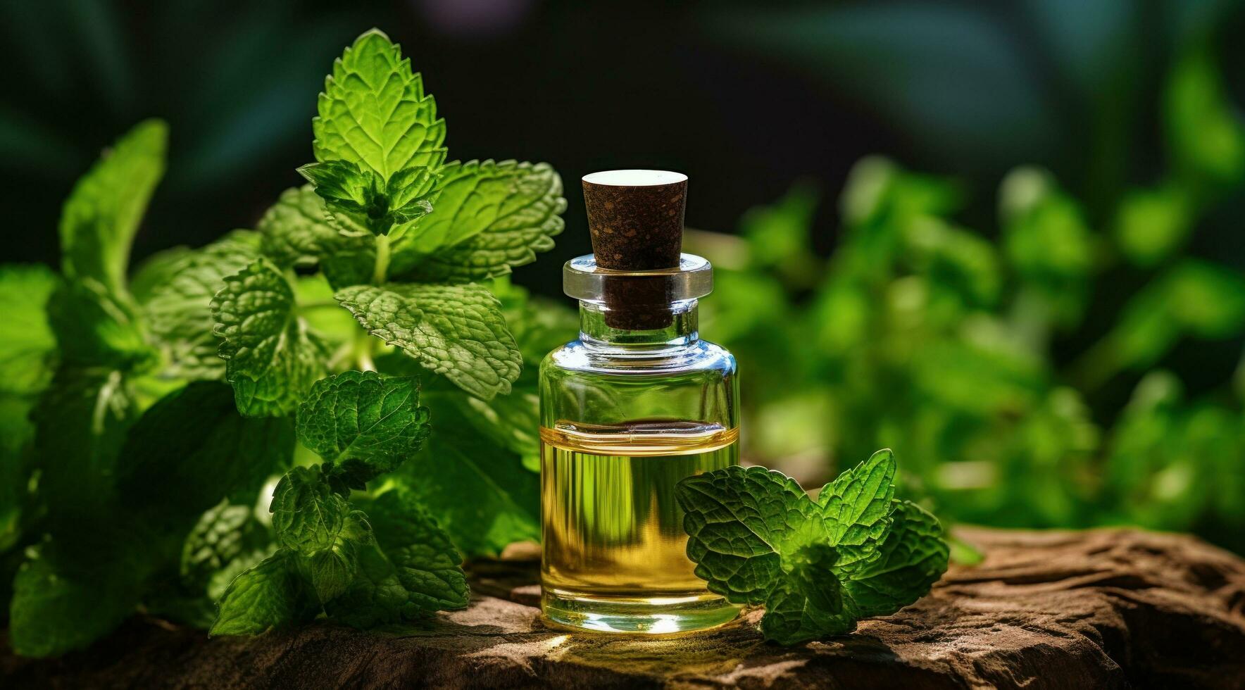 ai generato verde le foglie e menta le foglie nel un essenziale olio bottiglia con menta le foglie foto