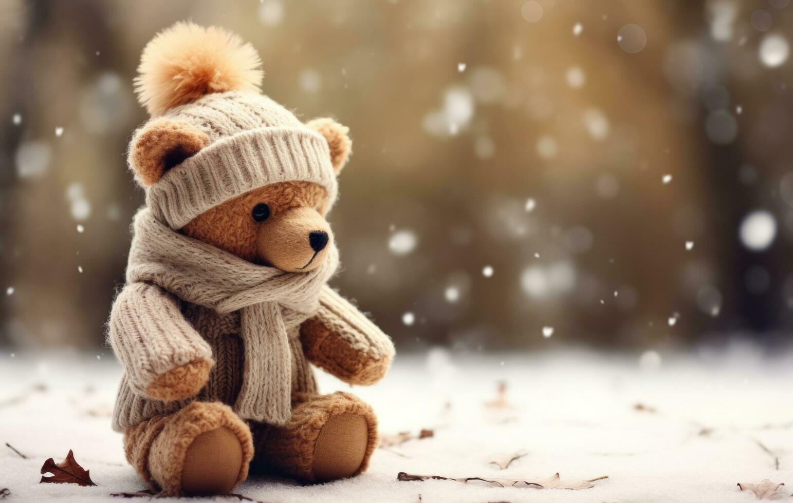 ai generato inverno orso nel sciarpa e cappello foto