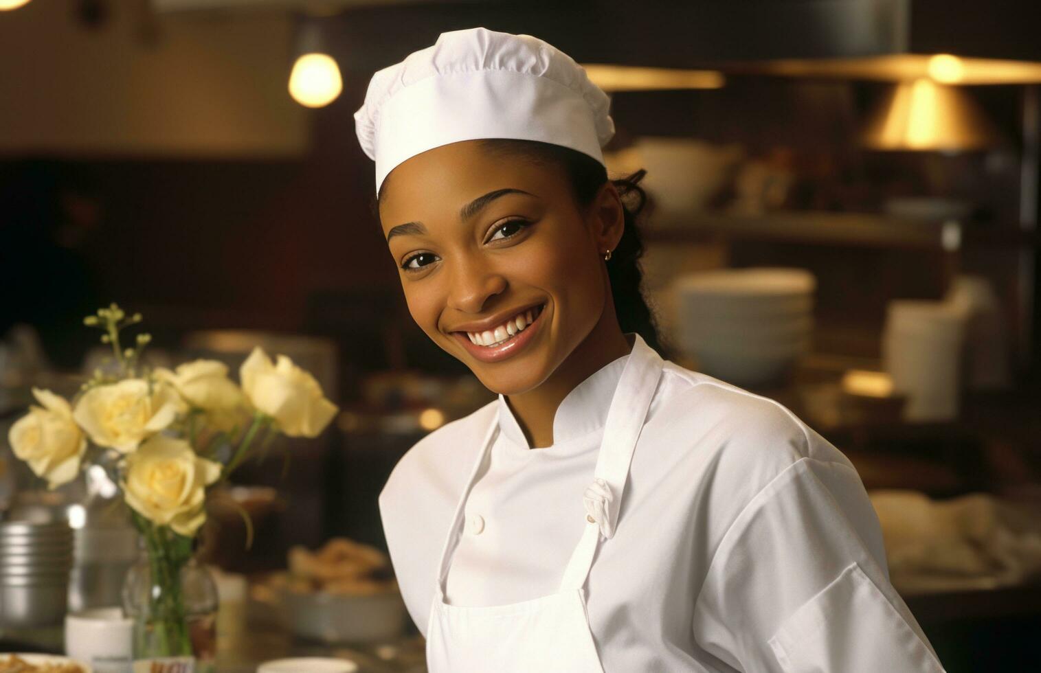 ai generato afroamericano femmina cucinare nel un' cucina vestito nel bianca uniformi foto