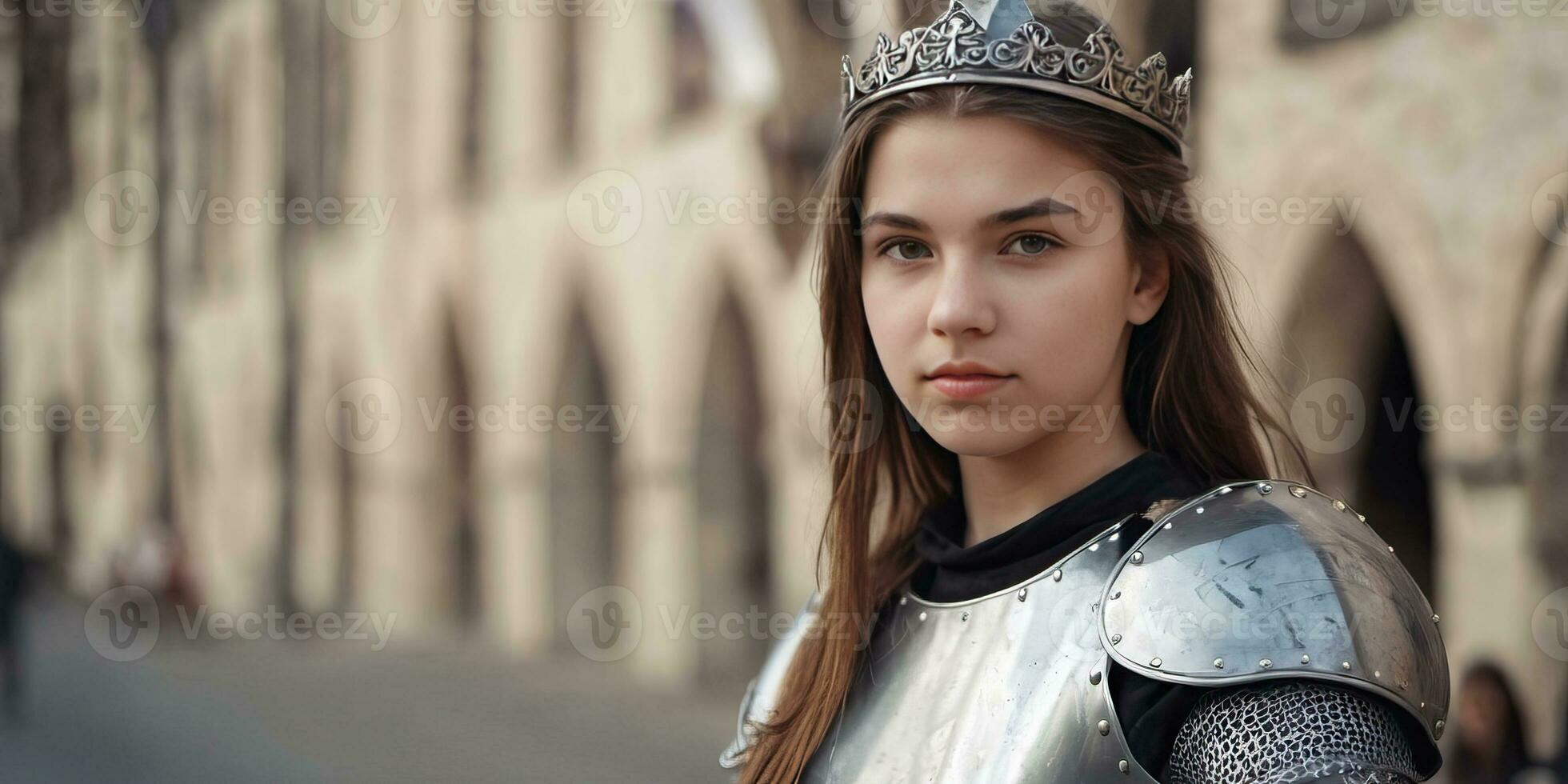 ai generato un' giovane donna nel medievale armatura in piedi nel davanti di un' castello foto