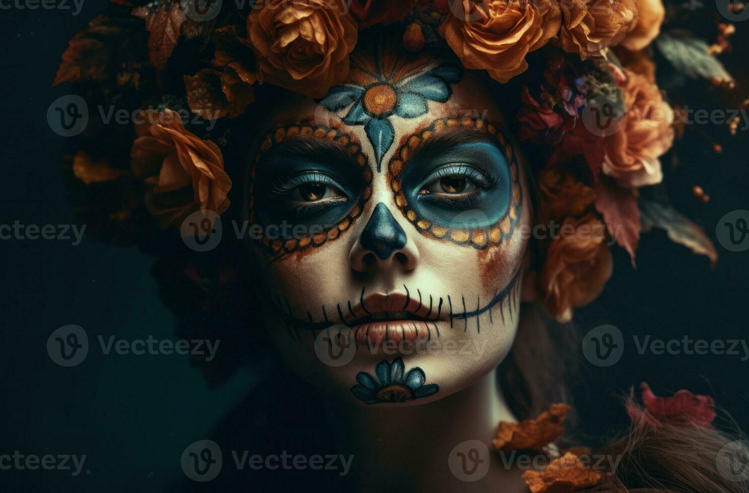 ai generato ritratto di un' donna con zucchero cranio trucco al di sopra di buio sfondo. Halloween costume e trucco. ritratto di Calavera catrina. generativo ai. foto