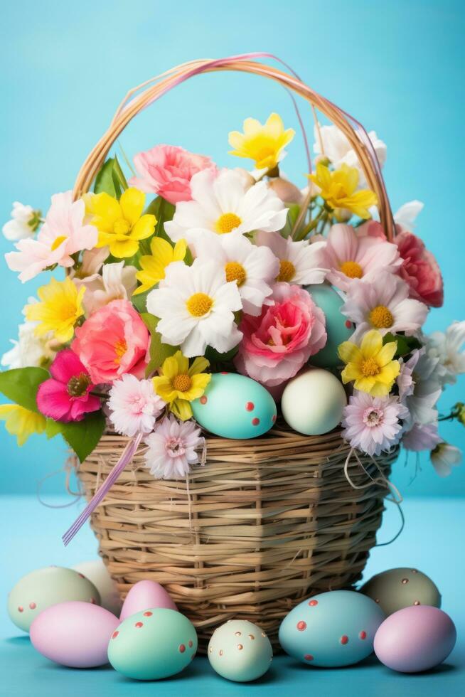 ai generato un' colorato Pasqua cestino traboccante con pastello uova e primavera fiori su un' blu sfondo foto