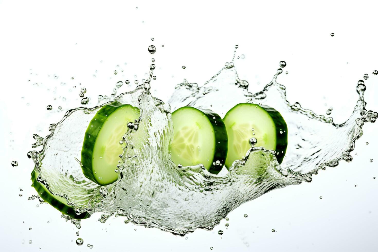 ai generato cetriolo fette caduta in acqua con spruzzo isolato su bianca sfondo. foto