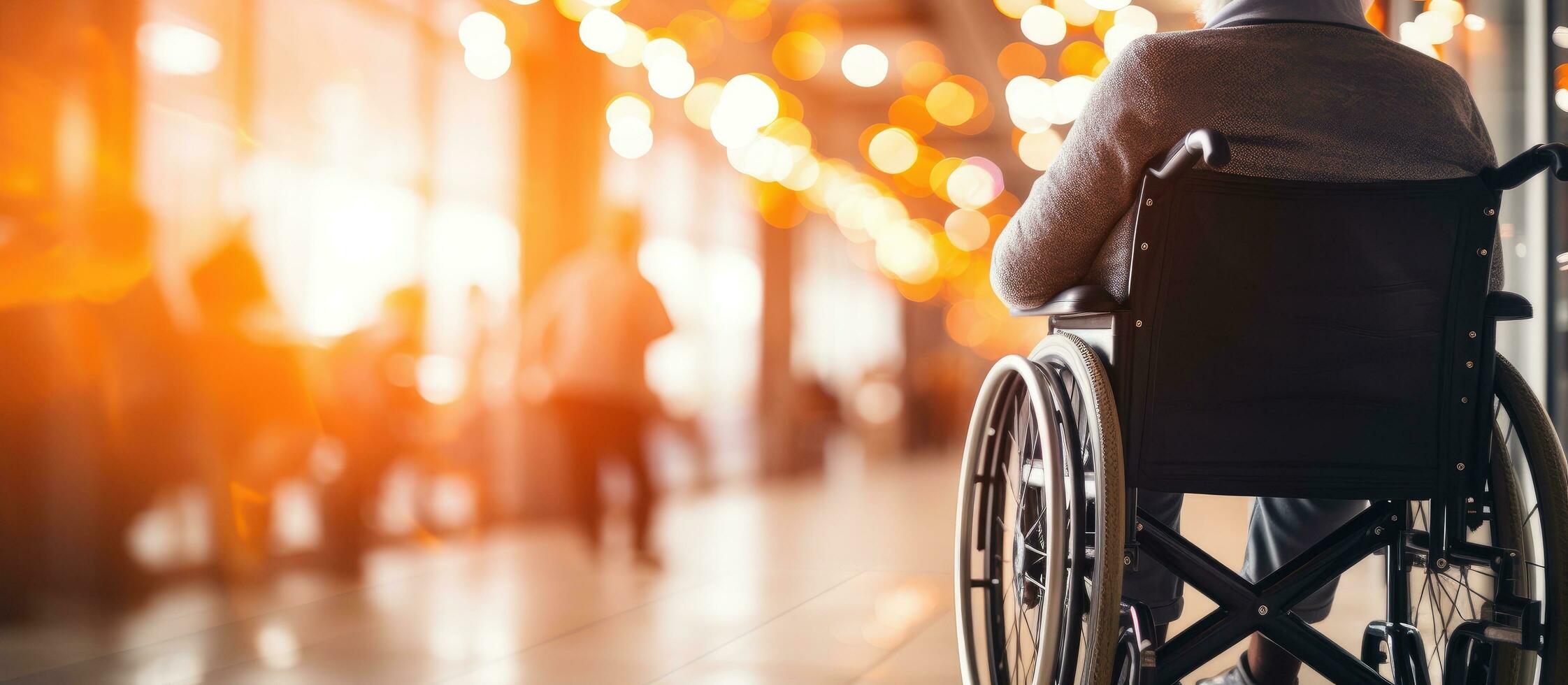 ai generato un' persona nel un' sedia a rotelle a piedi attraverso un' ospedale foto