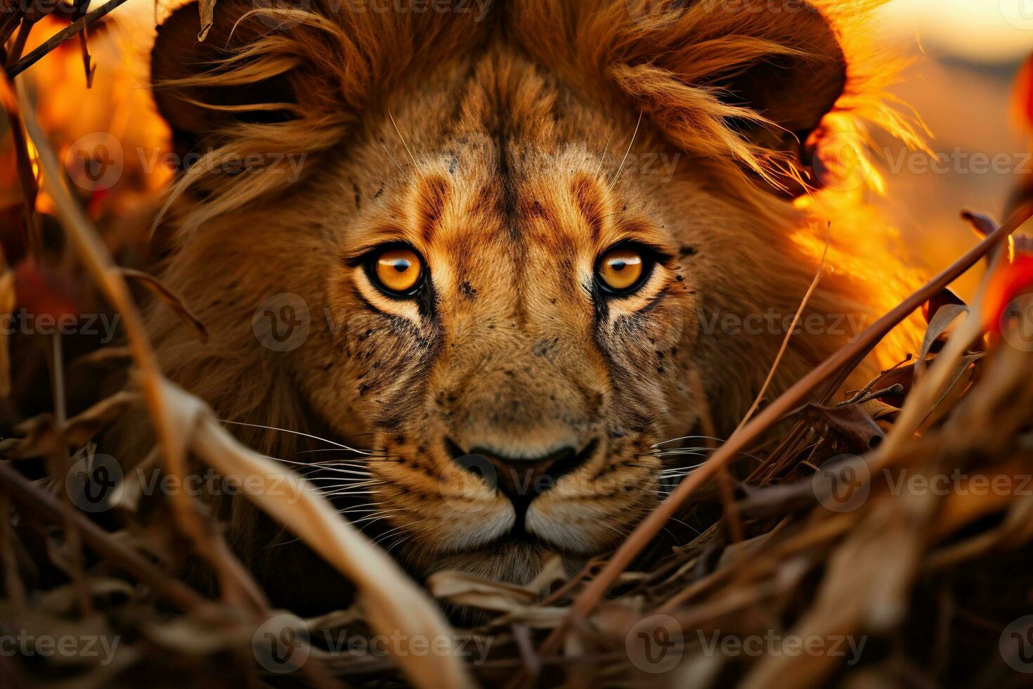 ai generato un adulto Leone sembra direttamente a il telecamera nel il savana. generato di artificiale intelligenza foto