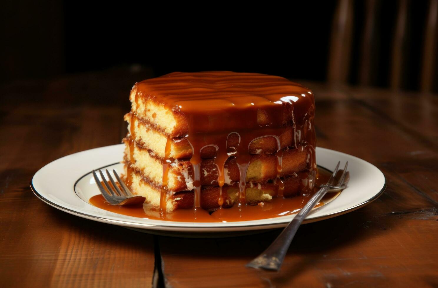 ai generato un' caramello e Caramellizzato torta è seduta su un' di legno tavolo foto