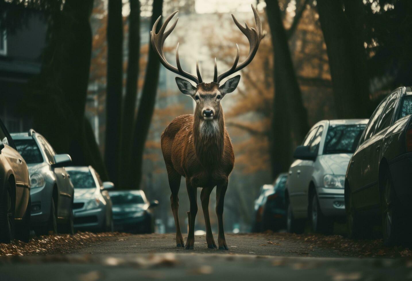 ai generato un' bellissimo cervo sta su il strada nel il foresta foto