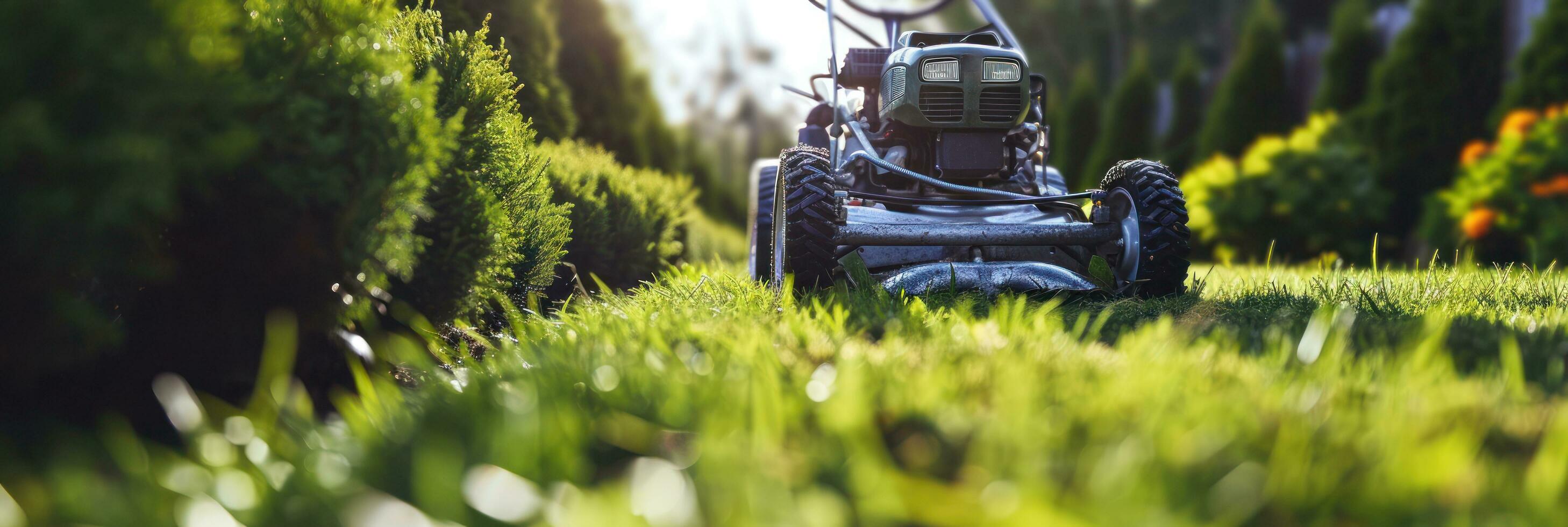 ai generato prato falciatore su un' verde prato con luce del sole nel il sfondo foto