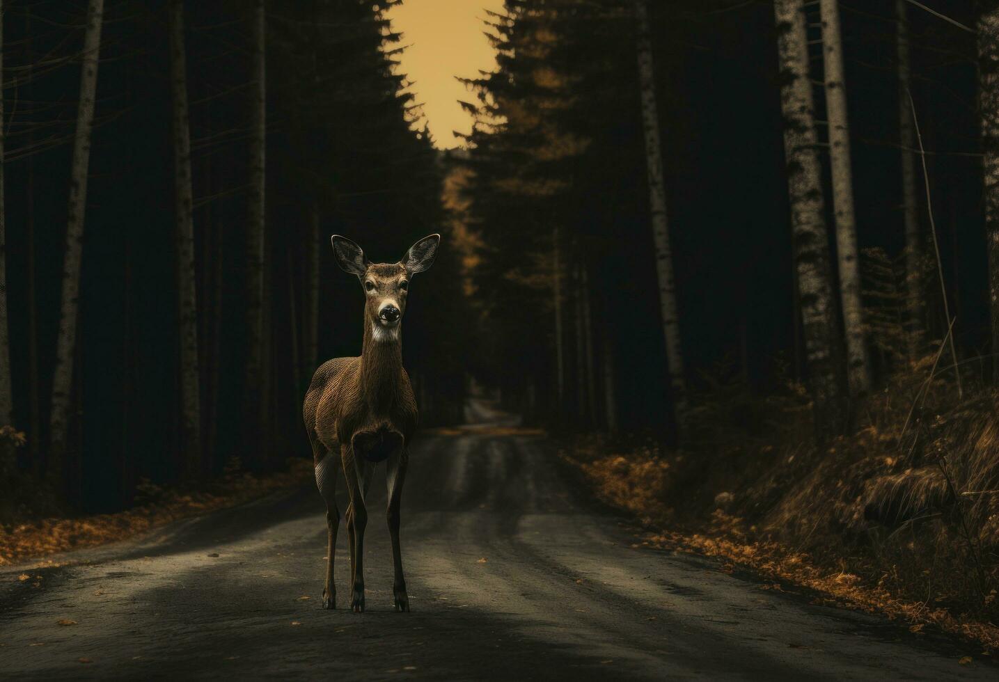 ai generato un' bellissimo cervo sta su il strada nel il foresta foto