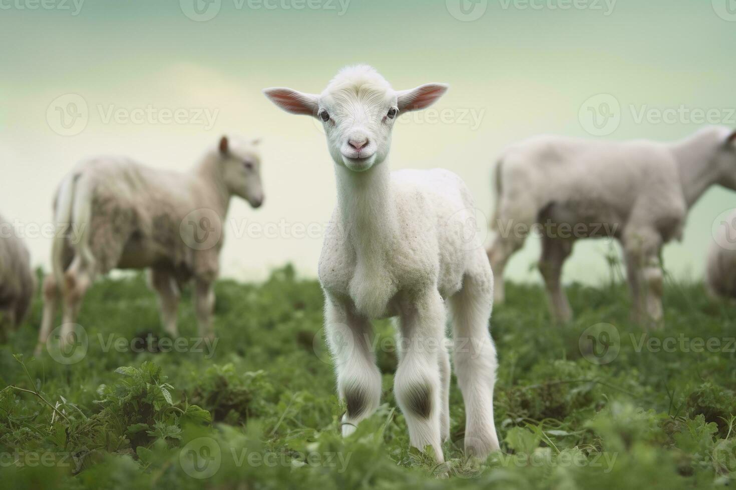 ai generato bianca agnello nel un' campo nel davanti di altro animali. generativo ai foto