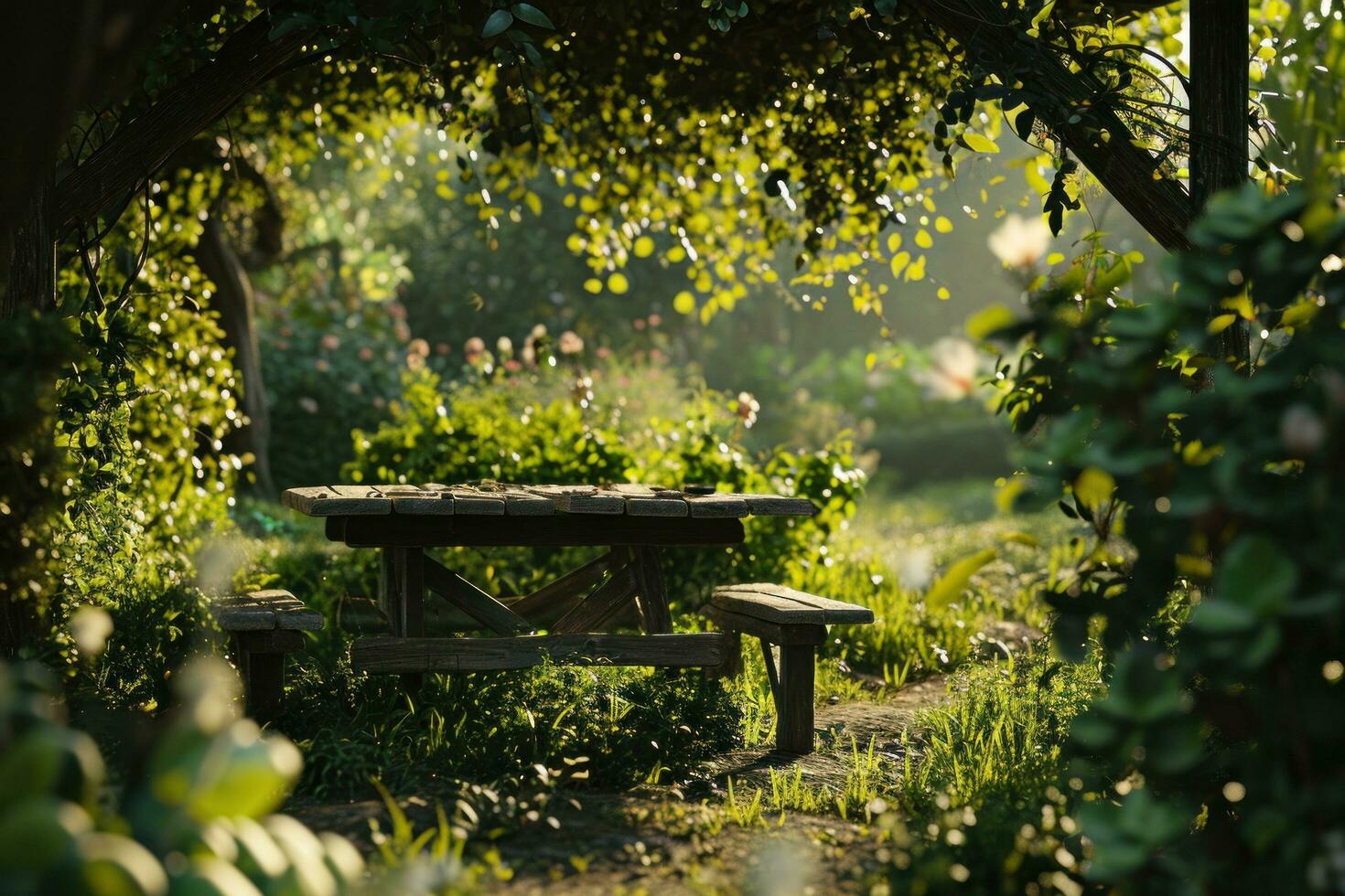 ai generato un' scena con un' tavolo nel un' verde giardino foto