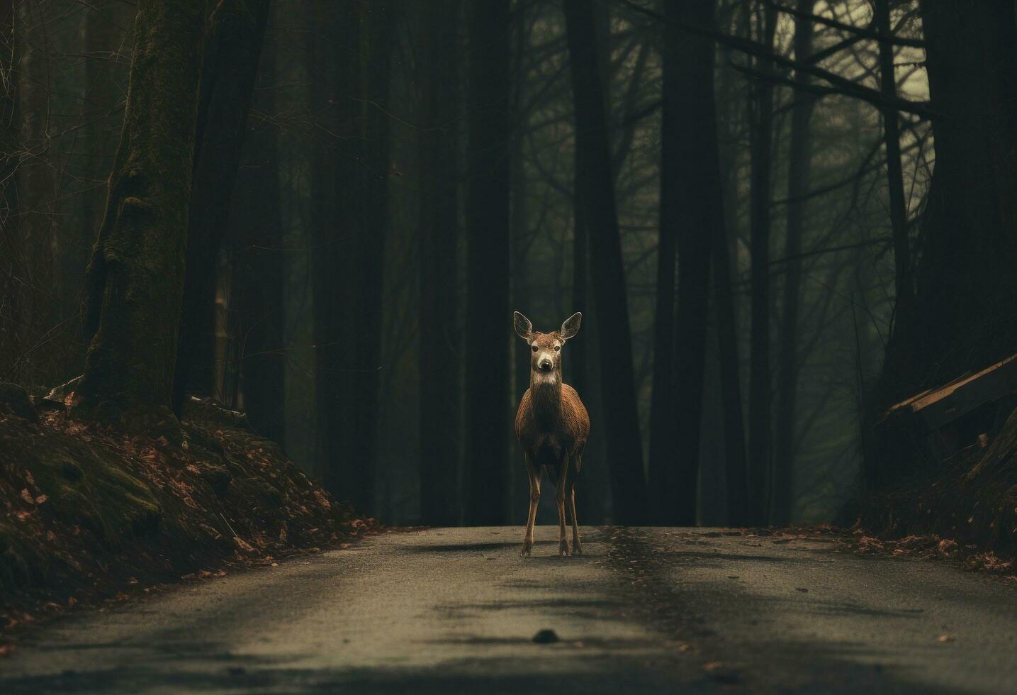 ai generato un' bellissimo cervo sta su il strada nel il foresta foto