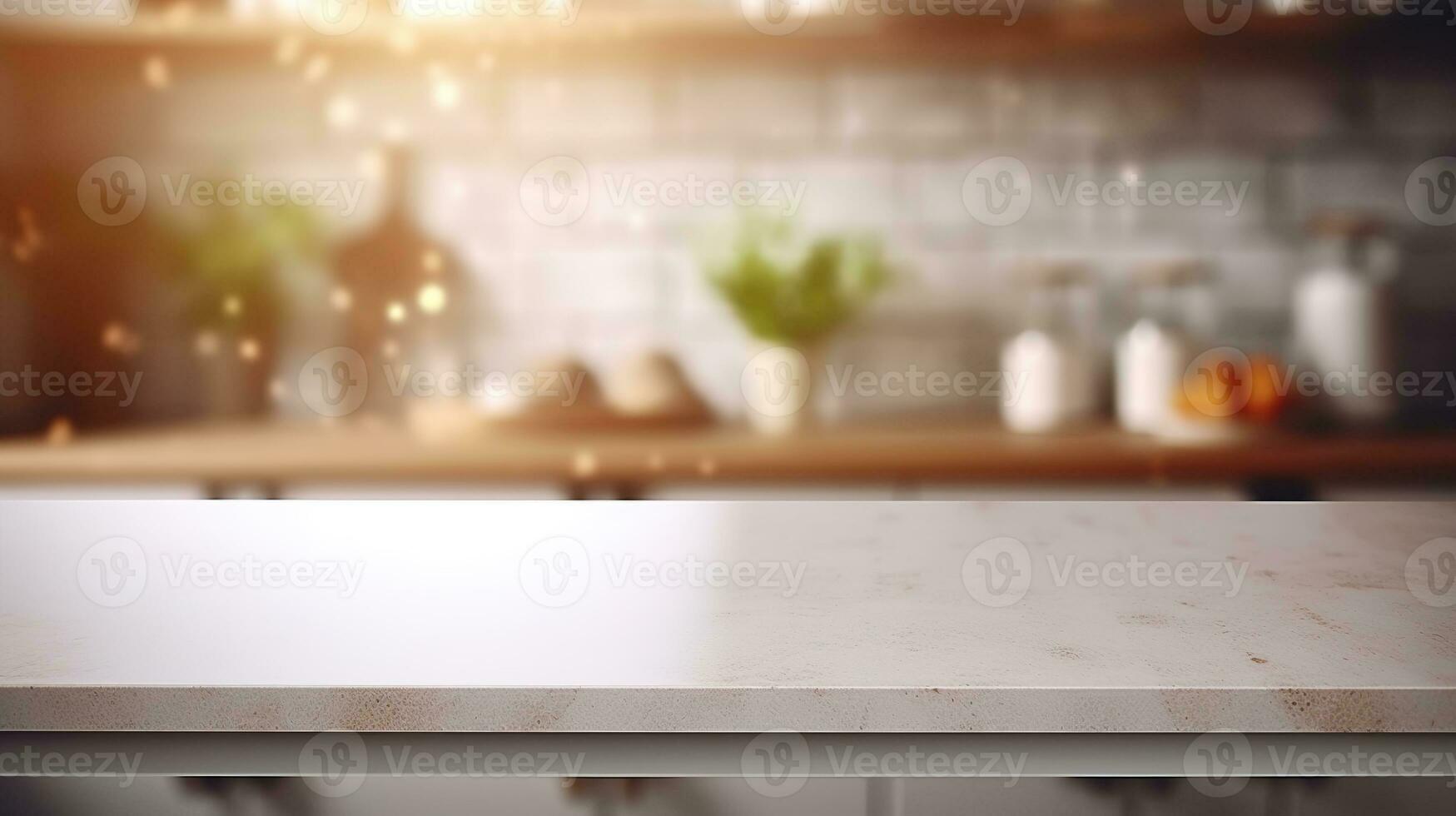 ai generato generativo ai, vuoto di legno tavolo su sfocato moderno cucina sfondo con copia spazio foto