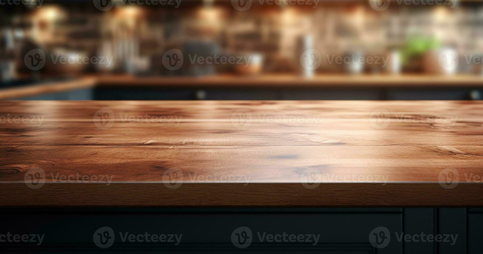 ai generato generativo ai, vuoto di legno tavolo su sfocato moderno cucina sfondo con copia spazio foto