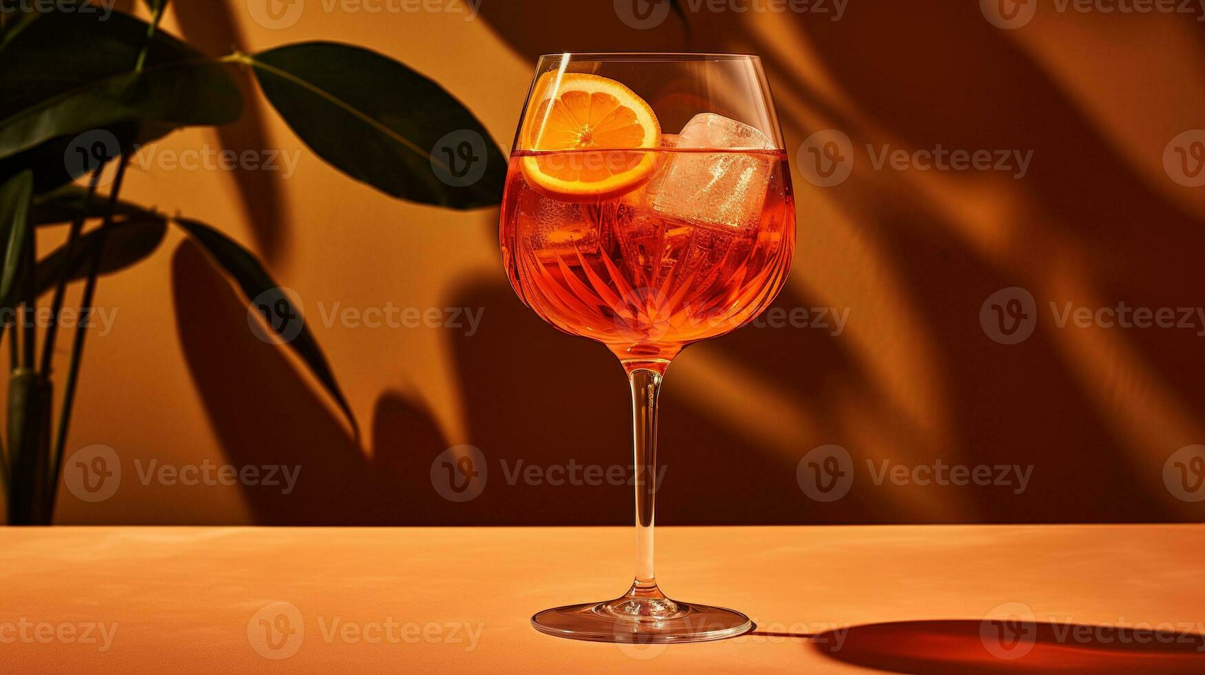 ai generato generativo ai, bicchiere di aperol spritz cocktail su di legno tavolo con sole luci e ombre, estetico ancora vita foto