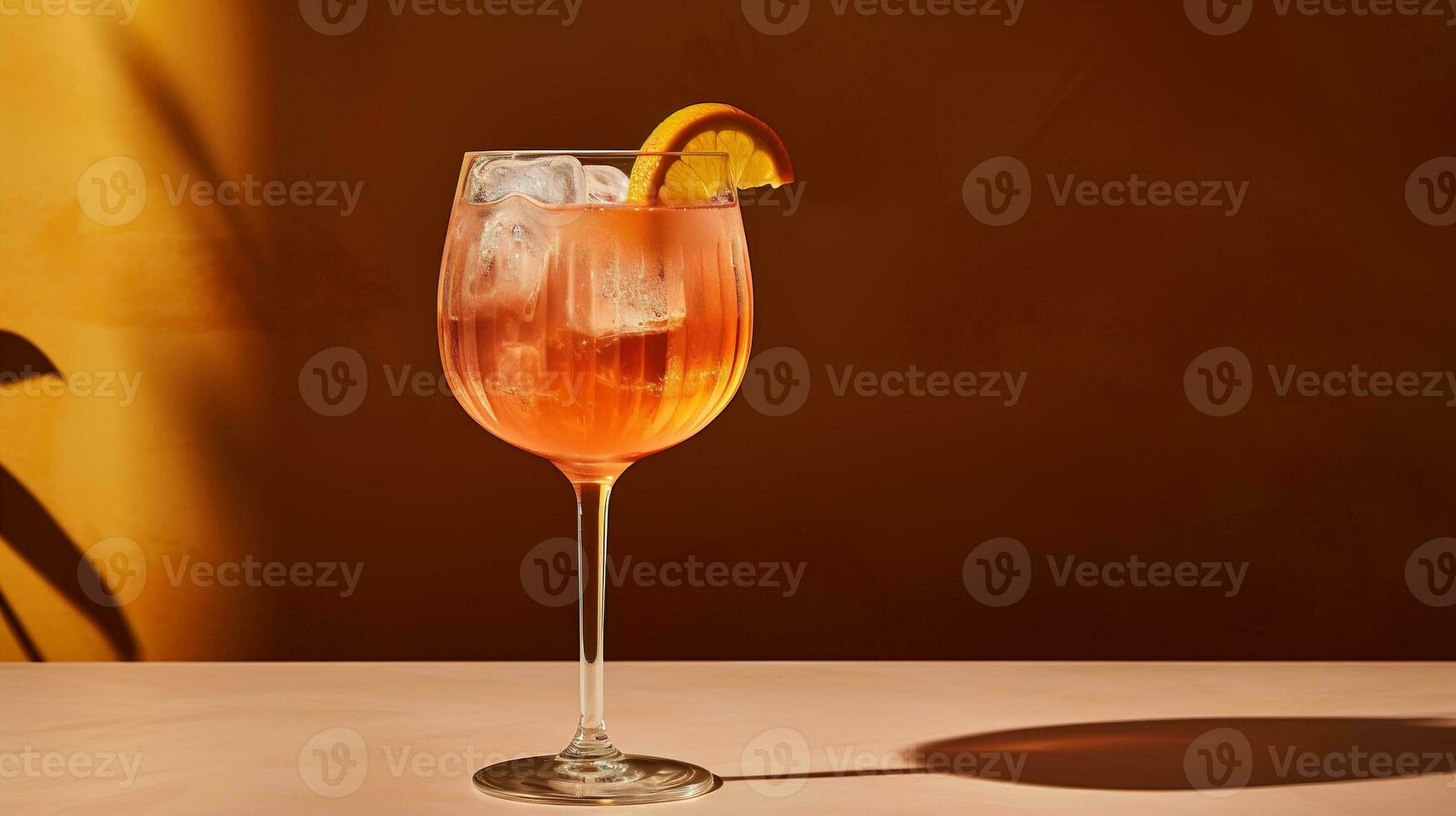 ai generato generativo ai, bicchiere di aperol spritz su di legno tavolo con sole luci e ombre, estetico smorzato colori foto