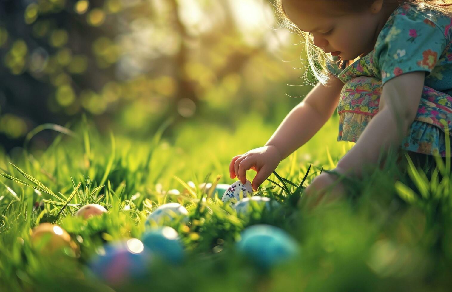 ai generato un' poco ragazza è raccolta su Pasqua uova nel un' erboso la zona foto