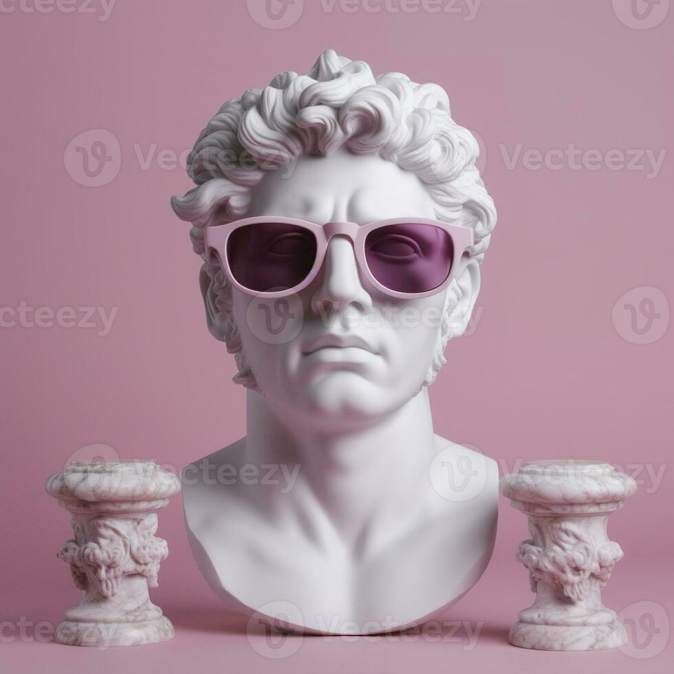 ai generato il testa di un' bianca mitologico statua con alla moda rosa bicchieri su il suo occhi, telaio nel profilo. ai generativo foto