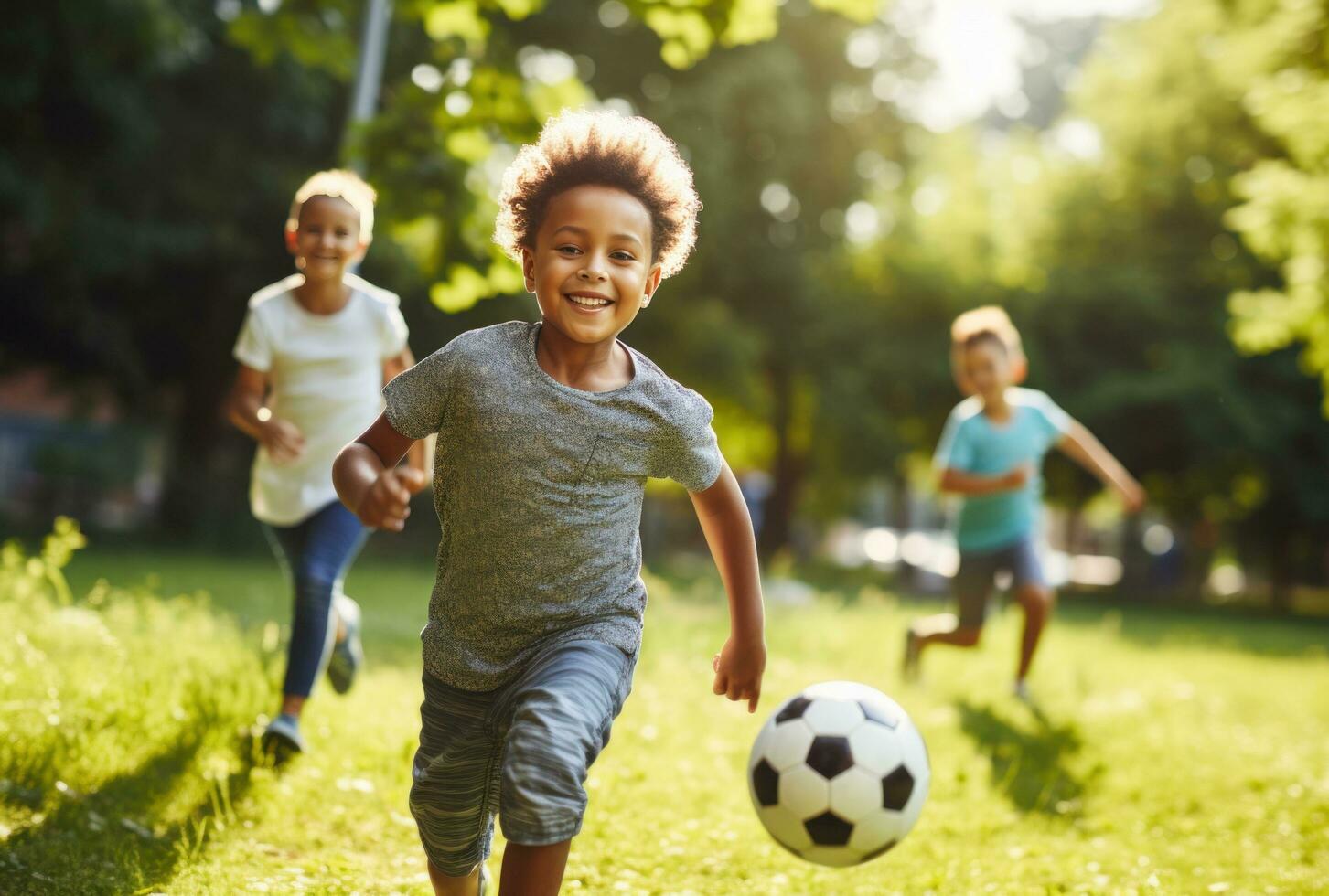 ai generato bambini giocando calcio nel un' parco foto