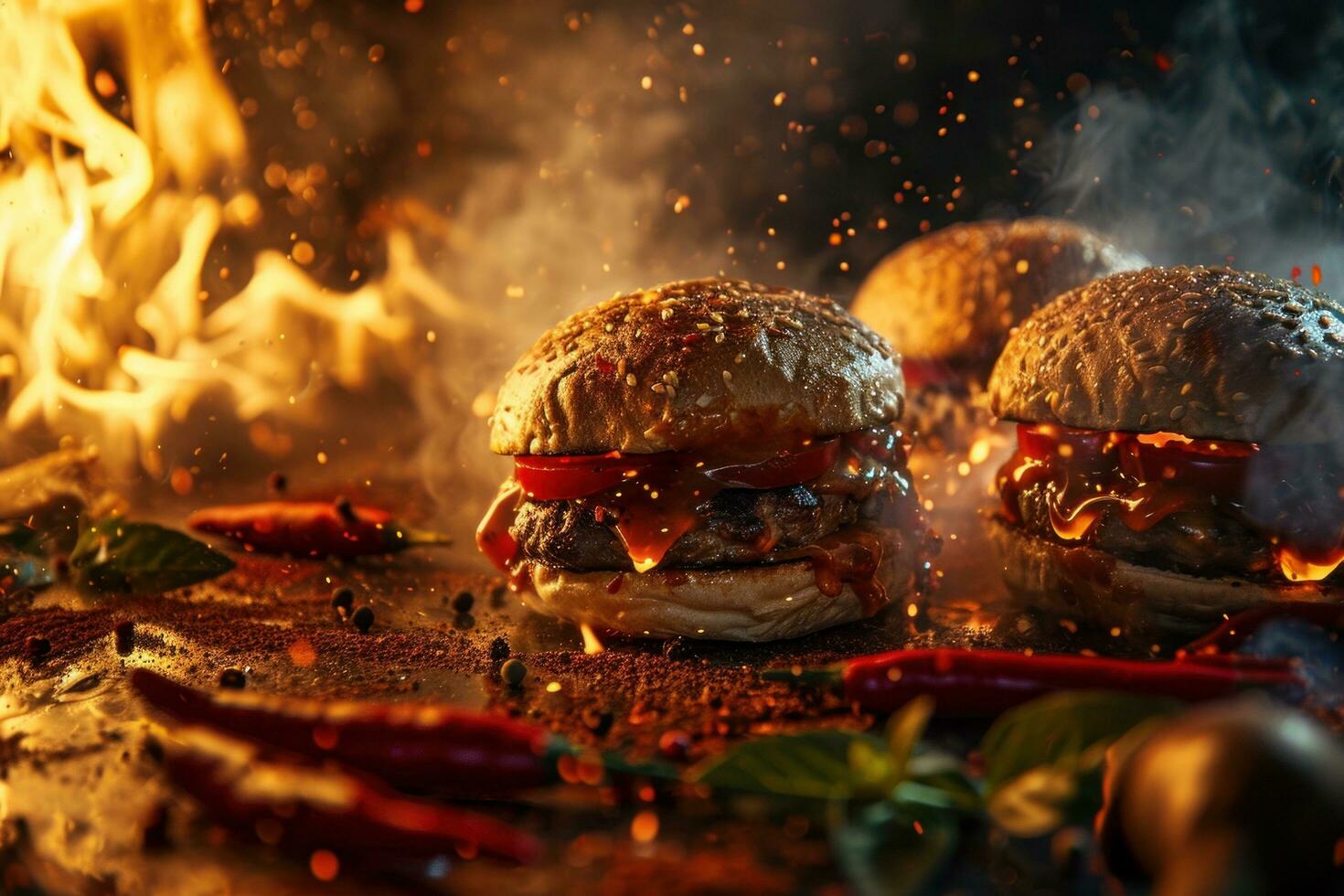 ai generato caldo hamburger su fuoco foto