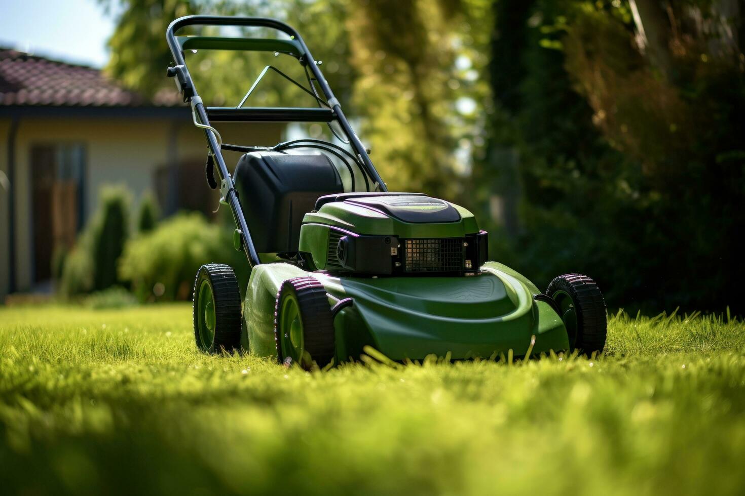 ai generato prato falciatore su un' verde prato con luce del sole nel il sfondo foto