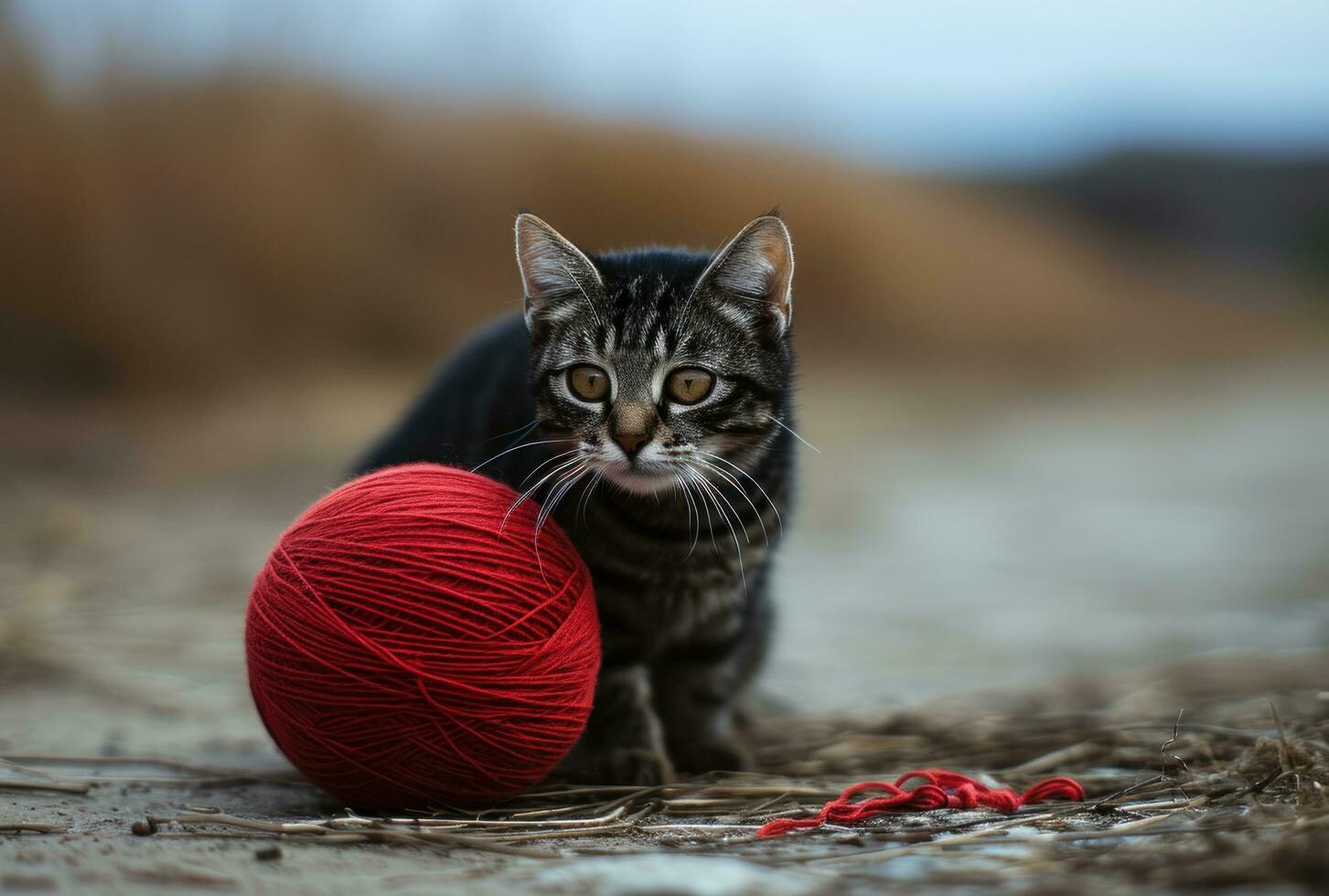 ai generato gattino giocando con un' rosso palla di lana foto