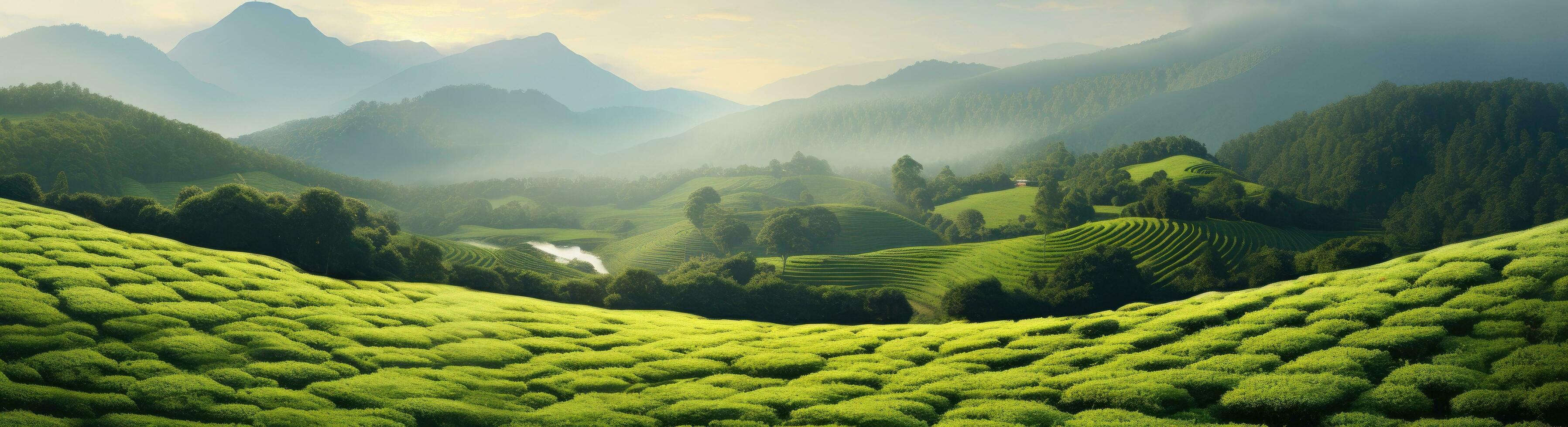 ai generato un' verde pendio con verde tè campi, foto