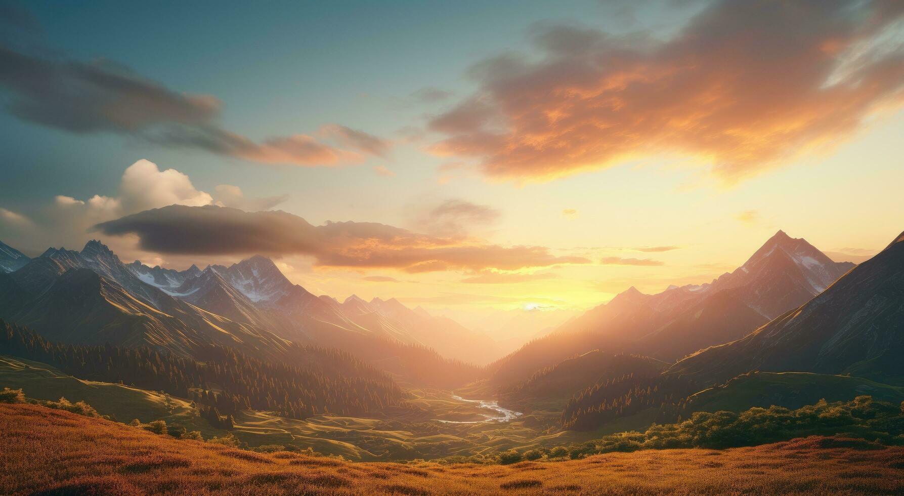 ai generato un' Alba al di sopra di montagne nel un animato scena foto